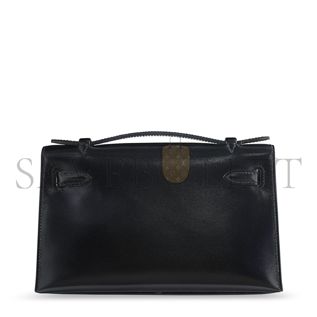 HERMÈS BLACK BOX LEATHER SO BLACK KELLY POCHETTE WITH PVD HARDWARE (22*14*7cm) 